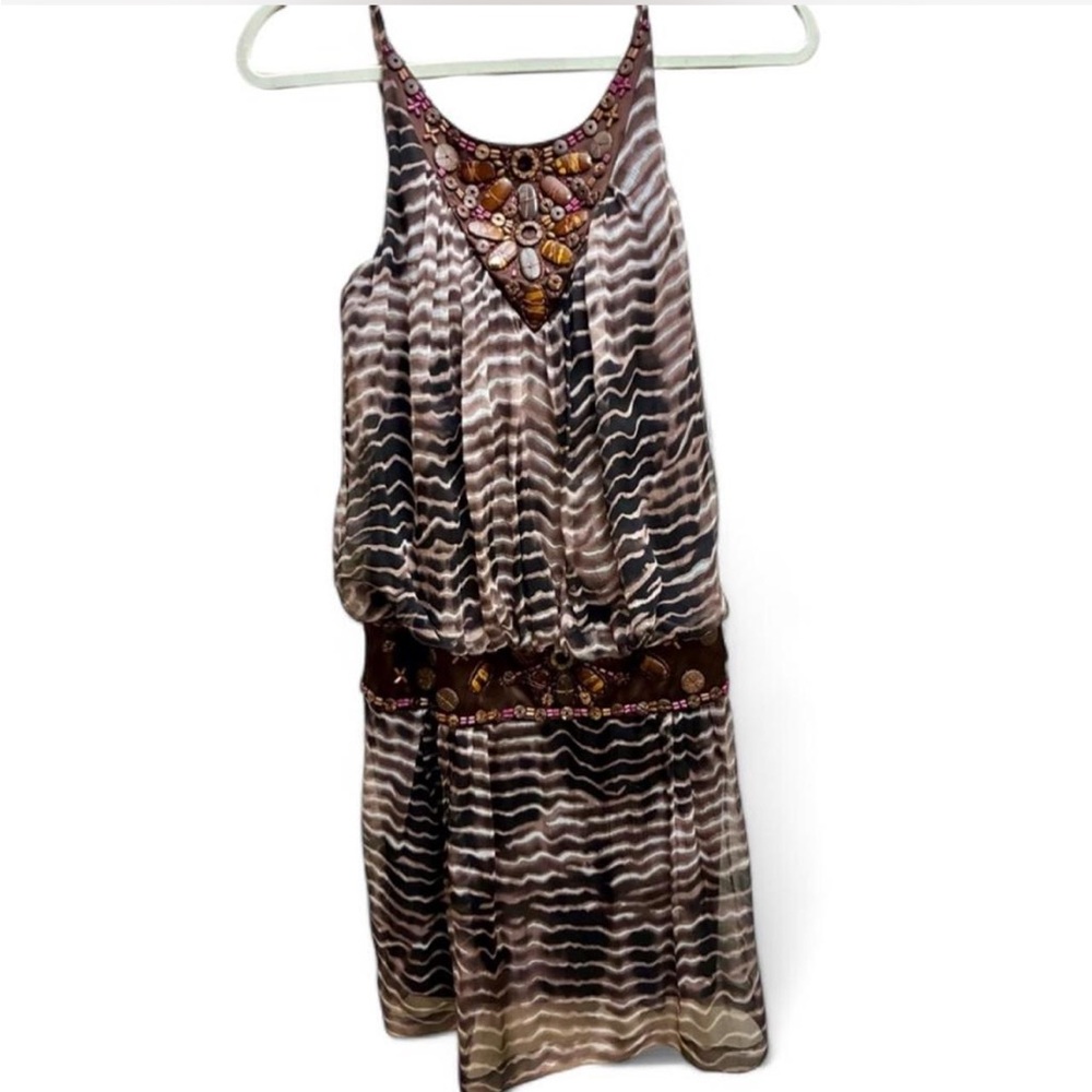 Sue Wong Y2K Silk Mini Dress Boho Tie Dye Animal Print Stones V- Neckline Size 0